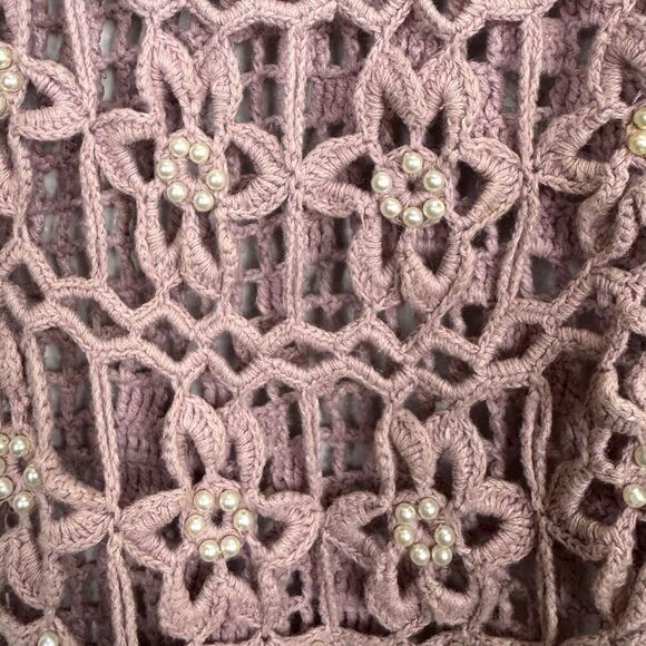 Vintage Y2K Womens Top L Pink Crochet Long Vest Boho Hippie Pearls Embellished - Picture 3 of 9